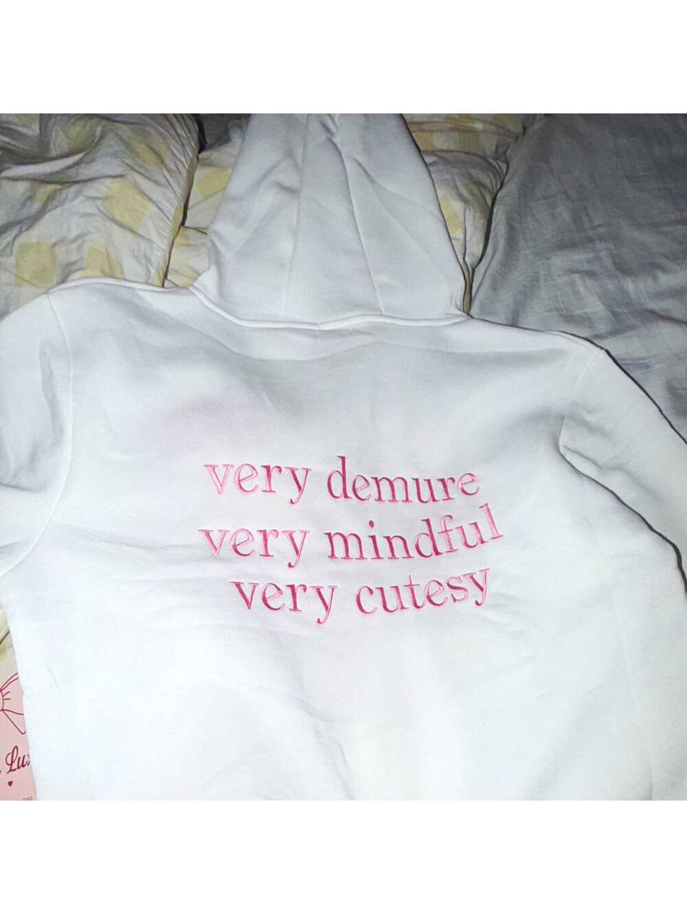 Women's White/Pink  Hoodie  printed very demure, mindful,  cutesy Print XL